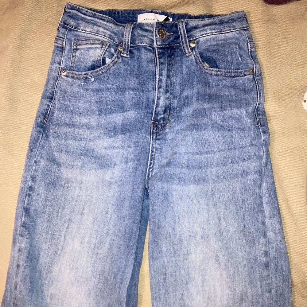 high rise blue straight leg jeans
